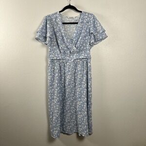 Sexyasasii Blue Floral Flutter Sleeve Wrap Midi Dress Womens Size L Summer Boho